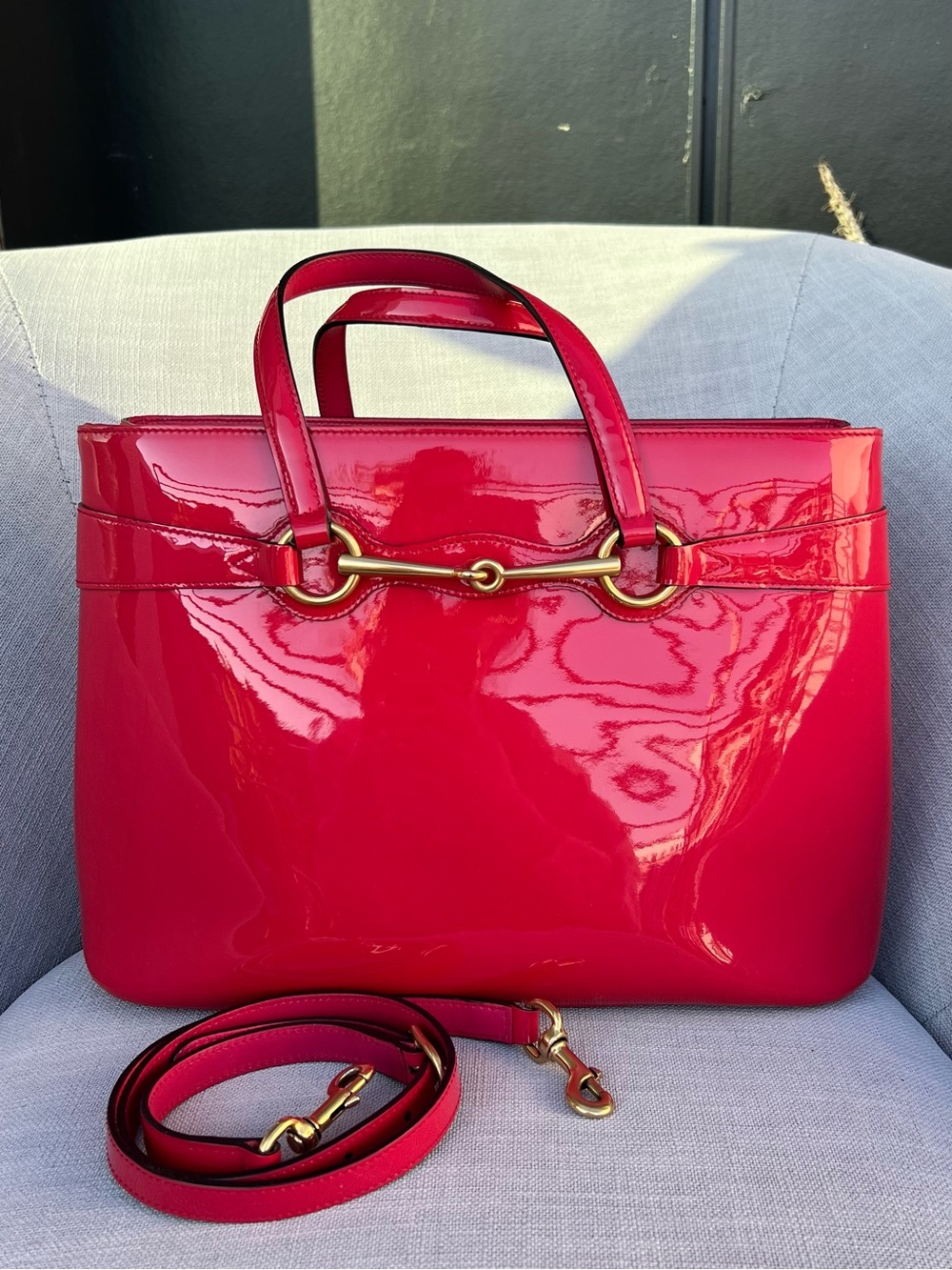 Gucci Horsebit Handbag Pink Patent Vernis Leather Bright Bit Medium Tote